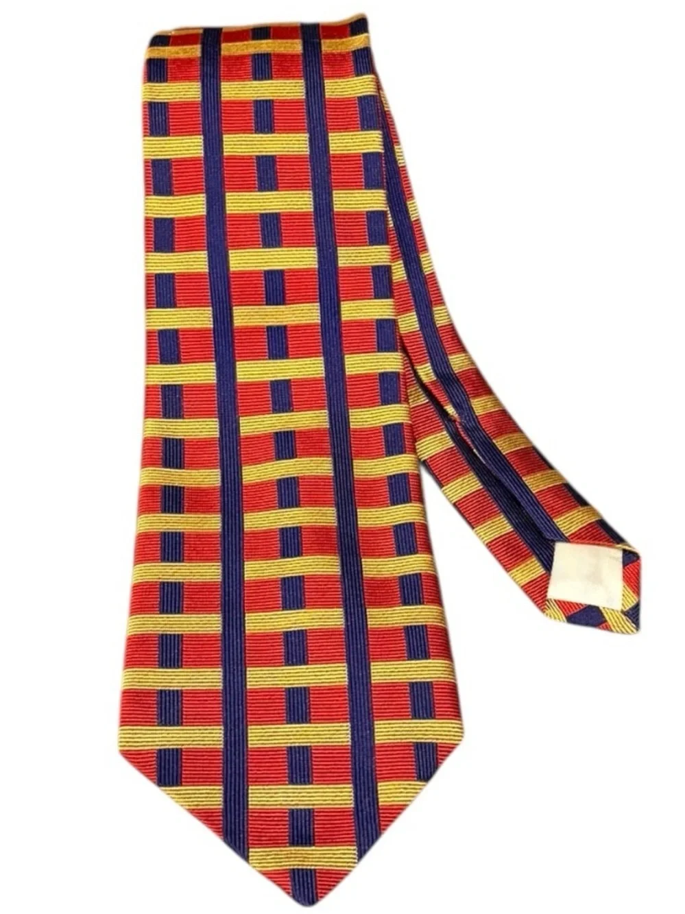 Bullock & Jones Silk Necktie Made England Red Gold Navy Geometric Grid